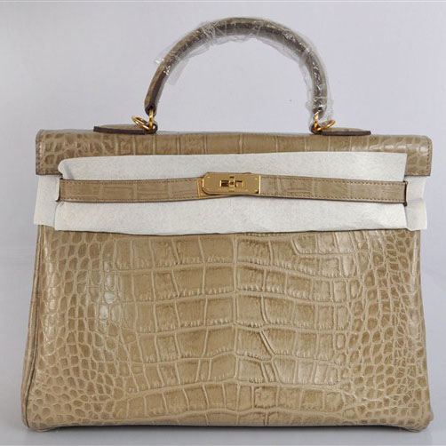 High Quality Hermes Kelly 35cm Crocodile Veins Leather Bag Light Grey H035